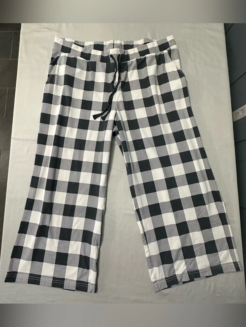 Lands End Lounge Pants XL 18 Womens Black White Buffalo Plaid Knit Sleep